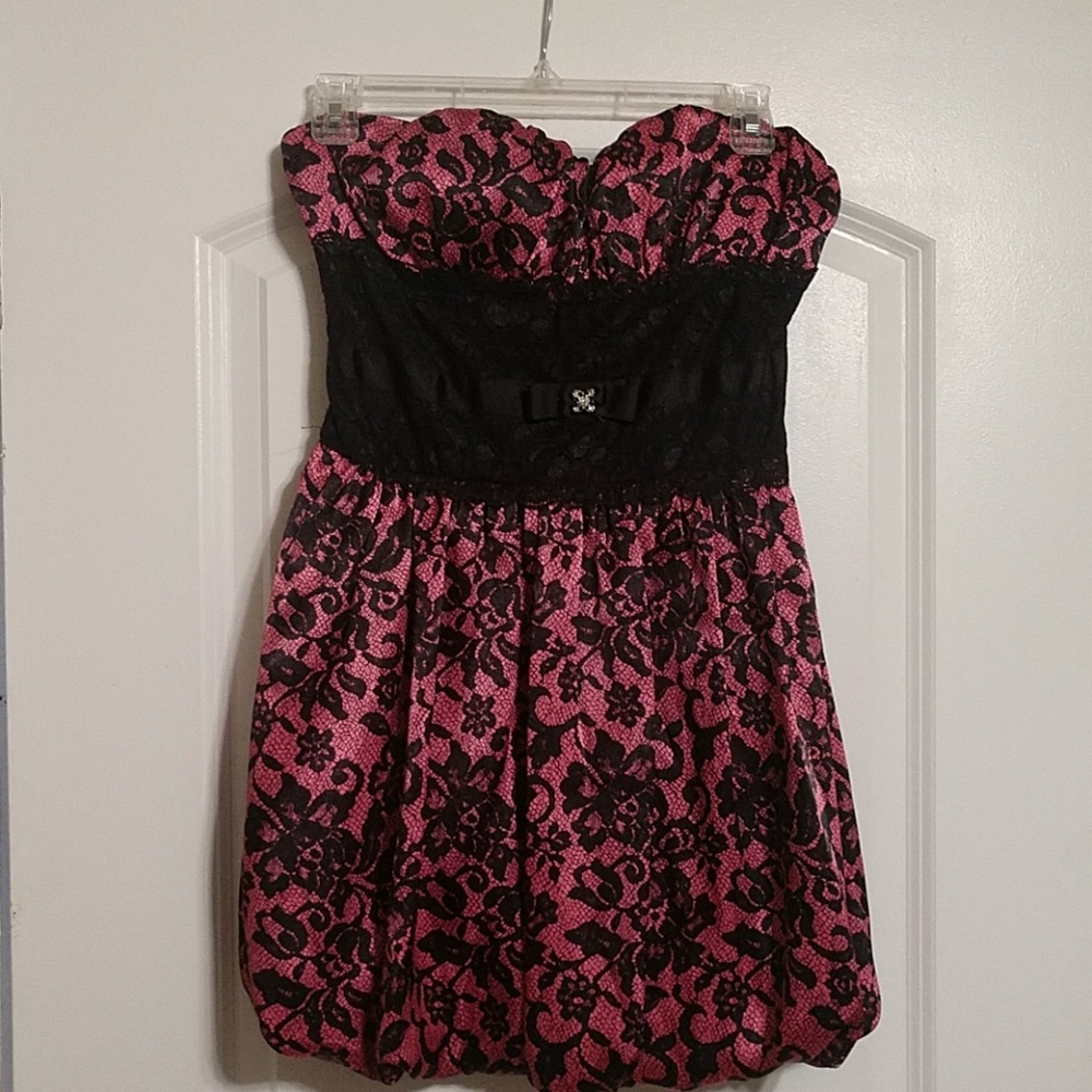 Pink floral print strapless mini dress